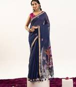 Navy blue premium muga cotton saree with rajwadi weaving, lotus buttis & contrast blouse