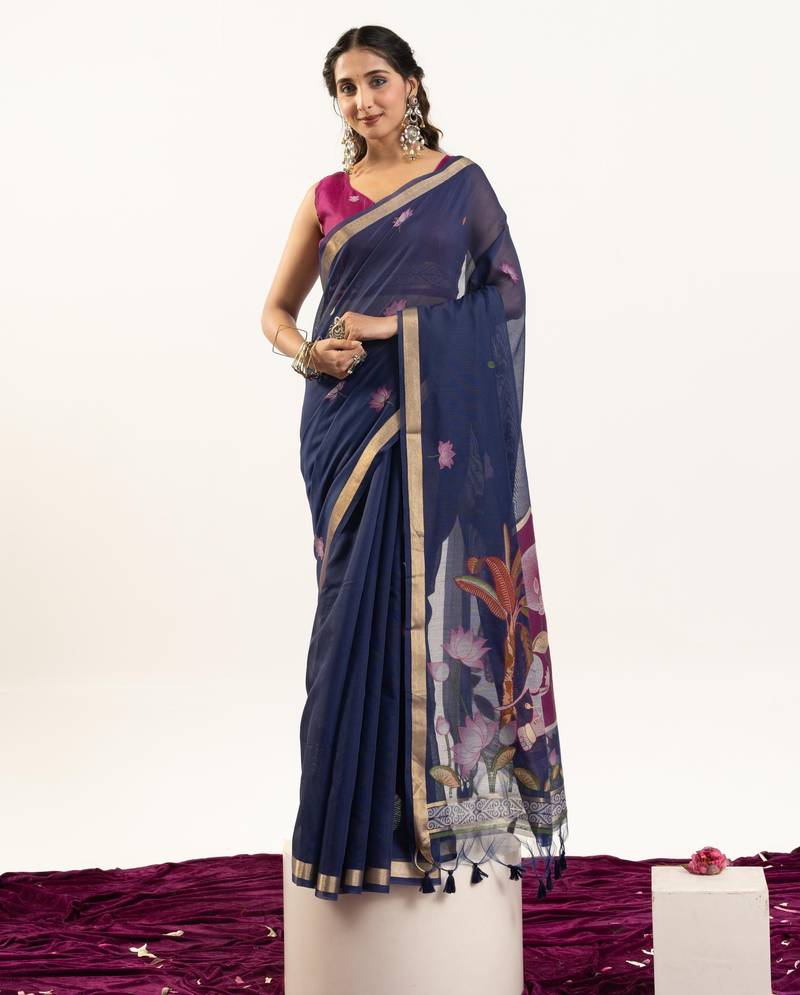 Navy blue premium muga cotton saree with rajwadi weaving, lotus buttis & contrast blouse