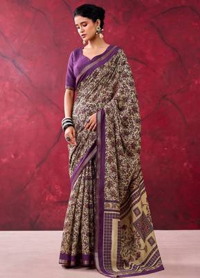 Dark purple elegant polyester viscose chanderi saree with zari weaving & printed design 1
