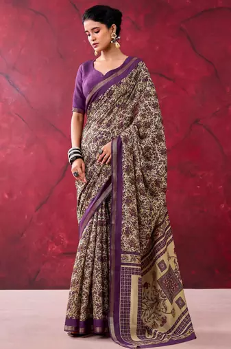 Dark purple elegant polyester viscose chanderi saree with zari weaving & printed design
