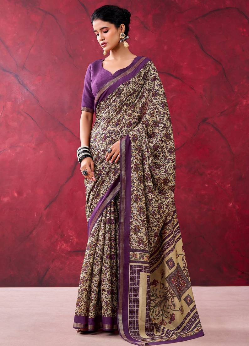 Dark purple elegant polyester viscose chanderi saree with zari weaving & printed design