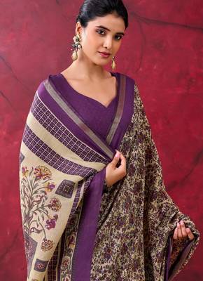 Dark purple elegant polyester viscose chanderi saree with zari weaving & printed design 2