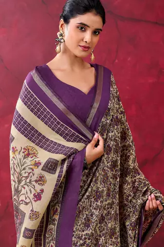 Dark purple elegant polyester viscose chanderi saree with zari weaving & printed design