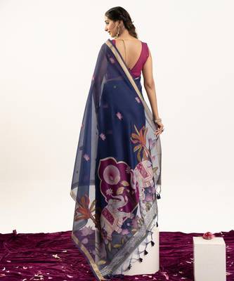 Navy blue premium muga cotton saree with rajwadi weaving lotus buttis & contrast blouse 2