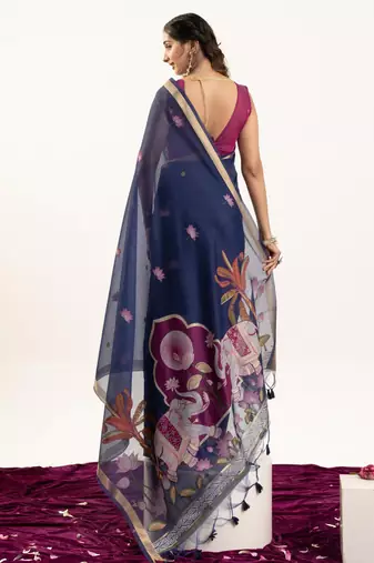 Navy blue premium muga cotton saree with rajwadi weaving lotus buttis & contrast blouse