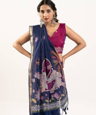 Navy blue premium muga cotton saree with rajwadi weaving lotus buttis & contrast blouse 3