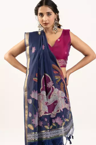 Navy blue premium muga cotton saree with rajwadi weaving lotus buttis & contrast blouse