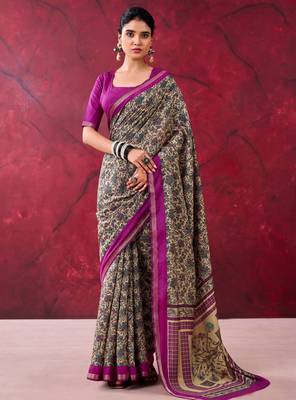 Magenta elegant polyester viscose chanderi saree with zari weaving & printed design 1