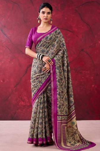 Magenta elegant polyester viscose chanderi saree with zari weaving & printed design