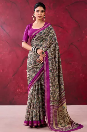 Magenta elegant polyester viscose chanderi saree with zari weaving & printed design