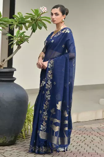 Navy blue premium jute linen silk saree with zari weaved pallu, double shaded border
