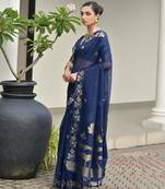 Navy blue premium jute linen silk saree with zari weaved pallu, double shaded border