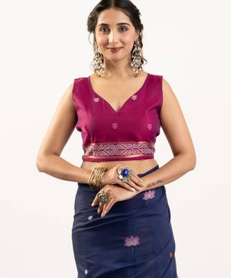 Navy blue premium muga cotton saree with rajwadi weaving lotus buttis & contrast blouse 4