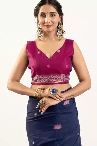 Navy blue premium muga cotton saree with rajwadi weaving lotus buttis & contrast blouse