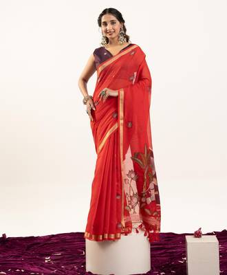 Red premium muga cotton saree with rajwadi weaving lotus buttis & contrast blouse 1