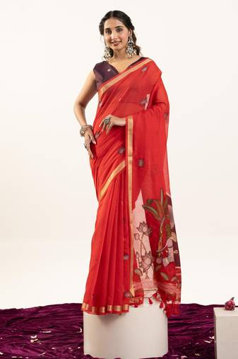 Red premium muga cotton saree with rajwadi weaving, lotus buttis & contrast blouse