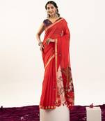Red premium muga cotton saree with rajwadi weaving, lotus buttis & contrast blouse