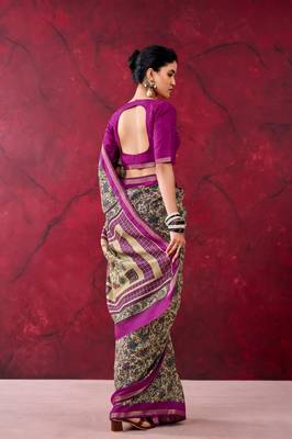 Magenta elegant polyester viscose chanderi saree with zari weaving & printed design 2
