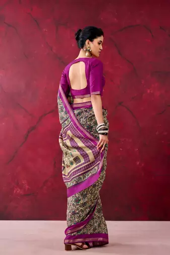 Magenta elegant polyester viscose chanderi saree with zari weaving & printed design