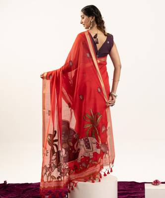 Red premium muga cotton saree with rajwadi weaving lotus buttis & contrast blouse 2