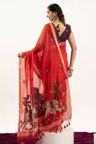Red premium muga cotton saree with rajwadi weaving lotus buttis & contrast blouse