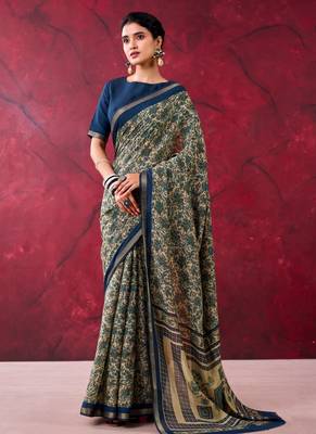 Navy blue elegant polyester viscose chanderi saree with zari weaving & printed design 1