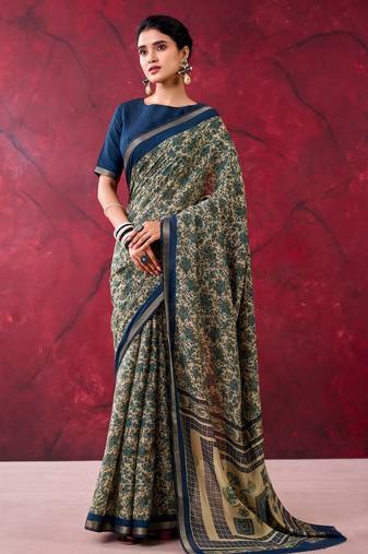 Navy blue elegant polyester viscose chanderi saree with zari weaving & printed design