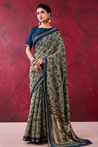 Navy blue elegant polyester viscose chanderi saree with zari weaving & printed design