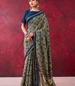 Navy blue elegant polyester viscose chanderi saree with zari weaving & printed design