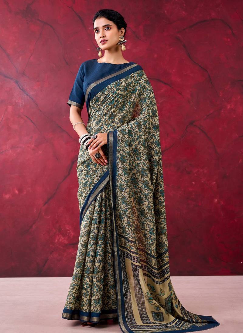 Navy blue elegant polyester viscose chanderi saree with zari weaving & printed design
