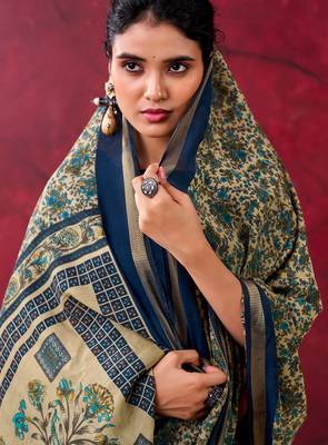 Navy blue elegant polyester viscose chanderi saree with zari weaving & printed design 2
