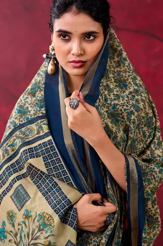 Navy blue elegant polyester viscose chanderi saree with zari weaving & printed design