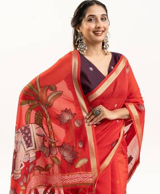Red premium muga cotton saree with rajwadi weaving lotus buttis & contrast blouse 3