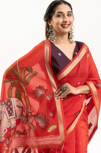 Red premium muga cotton saree with rajwadi weaving lotus buttis & contrast blouse