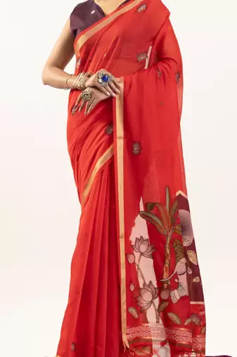Red premium muga cotton saree with rajwadi weaving lotus buttis & contrast blouse
