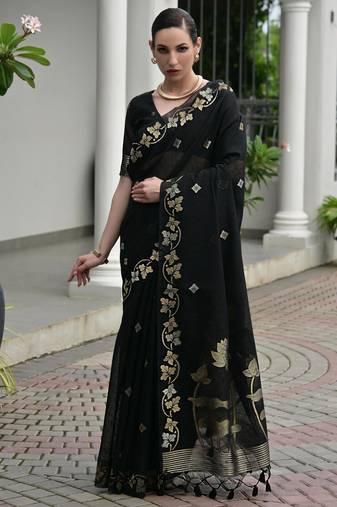 Black premium jute linen silk saree with zari weaved pallu, double shaded border
