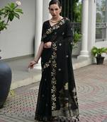 Black premium jute linen silk saree with zari weaved pallu, double shaded border
