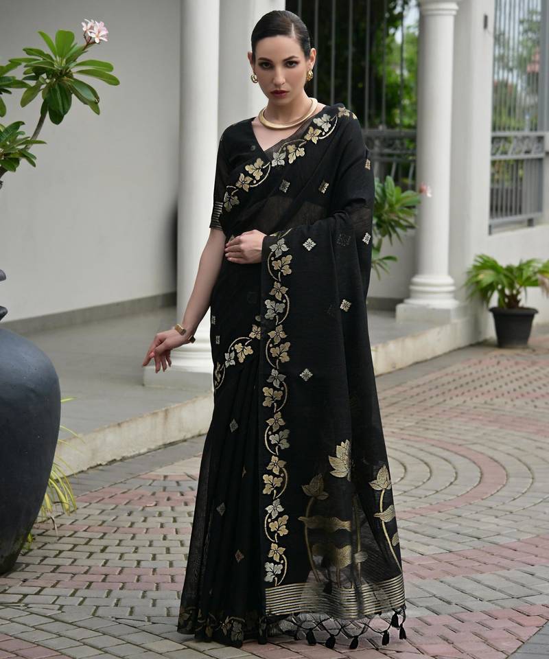 Black premium jute linen silk saree with zari weaved pallu, double shaded border