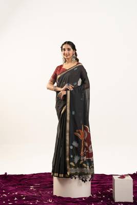 Black premium muga cotton saree with rajwadi weaving lotus buttis & contrast blouse 1