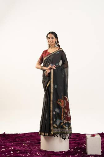 Black premium muga cotton saree with rajwadi weaving, lotus buttis & contrast blouse