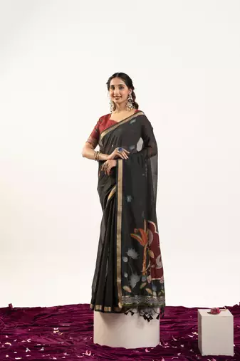 Black premium muga cotton saree with rajwadi weaving, lotus buttis & contrast blouse