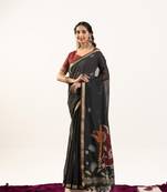 Black premium muga cotton saree with rajwadi weaving, lotus buttis & contrast blouse