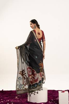 Black premium muga cotton saree with rajwadi weaving lotus buttis & contrast blouse 2
