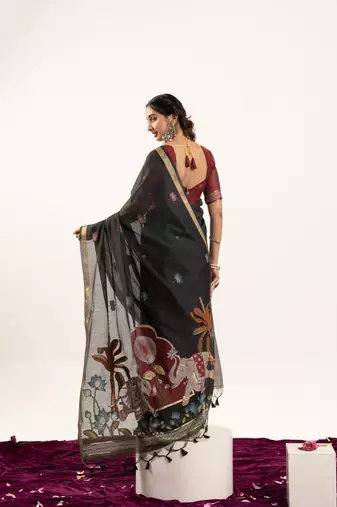 Black premium muga cotton saree with rajwadi weaving lotus buttis & contrast blouse