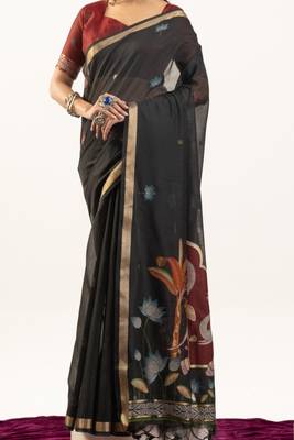 Black premium muga cotton saree with rajwadi weaving lotus buttis & contrast blouse 3