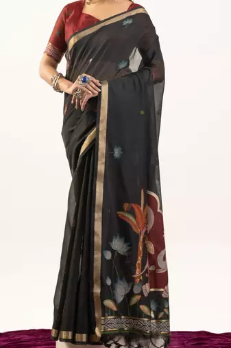 Black premium muga cotton saree with rajwadi weaving lotus buttis & contrast blouse