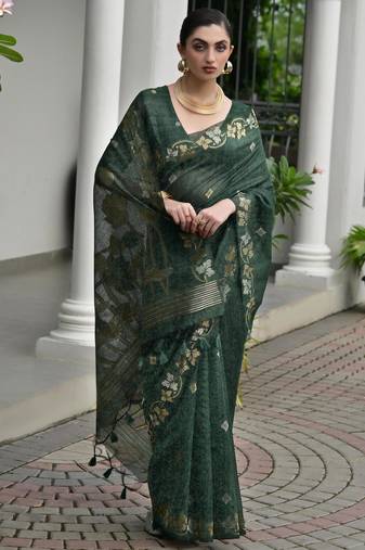 Dark green premium jute linen silk saree with zari weaved pallu, double shaded border