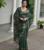Dark green premium jute linen silk saree with zari weaved pallu, double shaded border