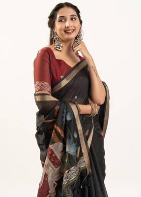 Black premium muga cotton saree with rajwadi weaving lotus buttis & contrast blouse 4