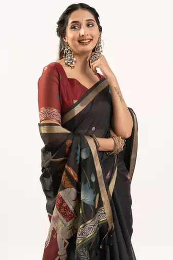 Black premium muga cotton saree with rajwadi weaving lotus buttis & contrast blouse